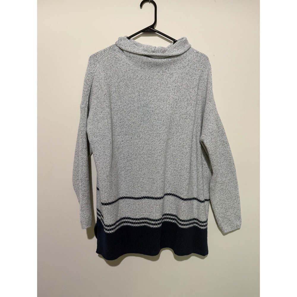J. Jill Womens Funnel Neck Marled Grey Navy Blue Striped Cotton Blend Sweater MP